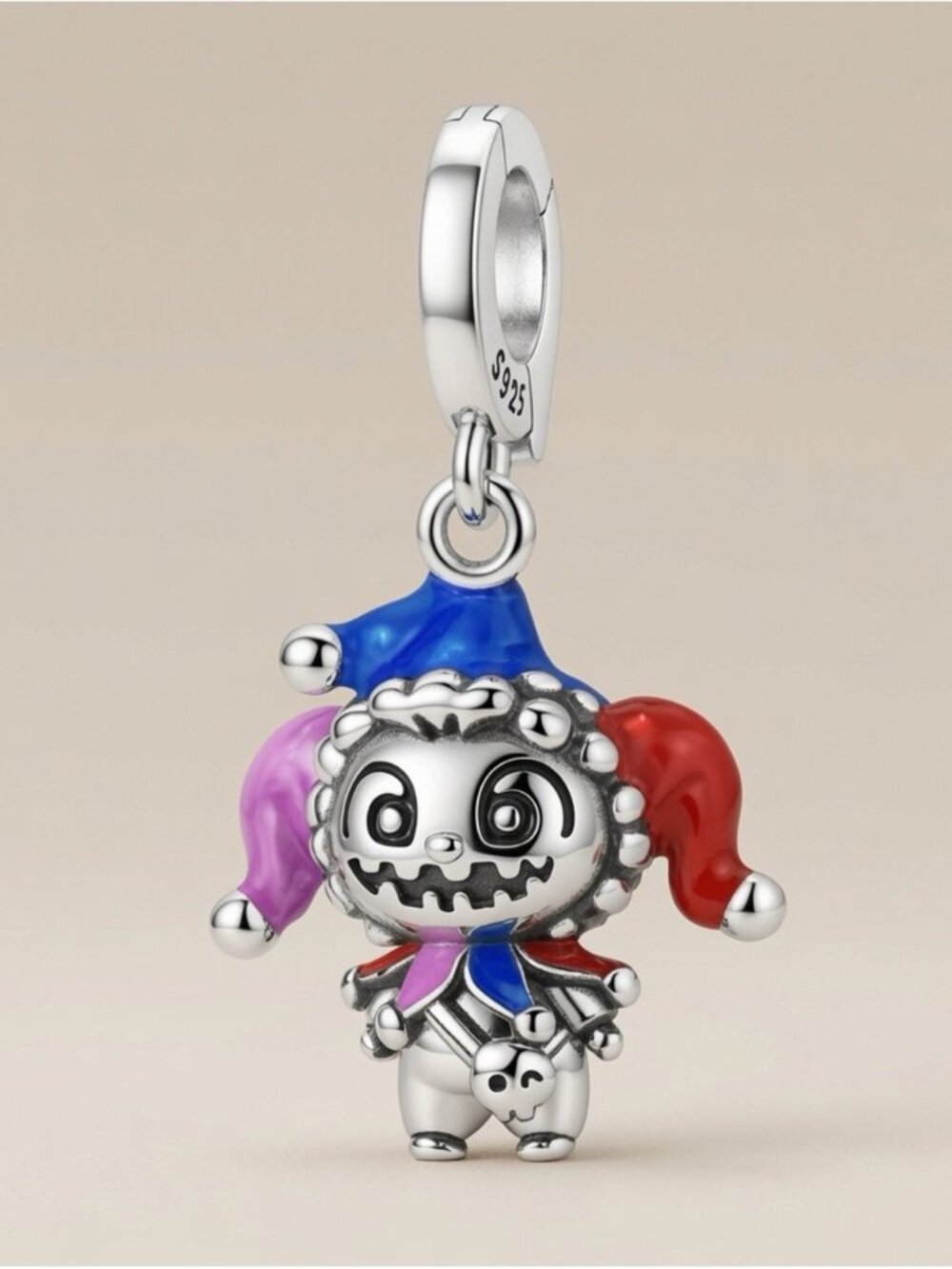 Sterling Silver Jester Charm with Red, Blue & Pink Accents